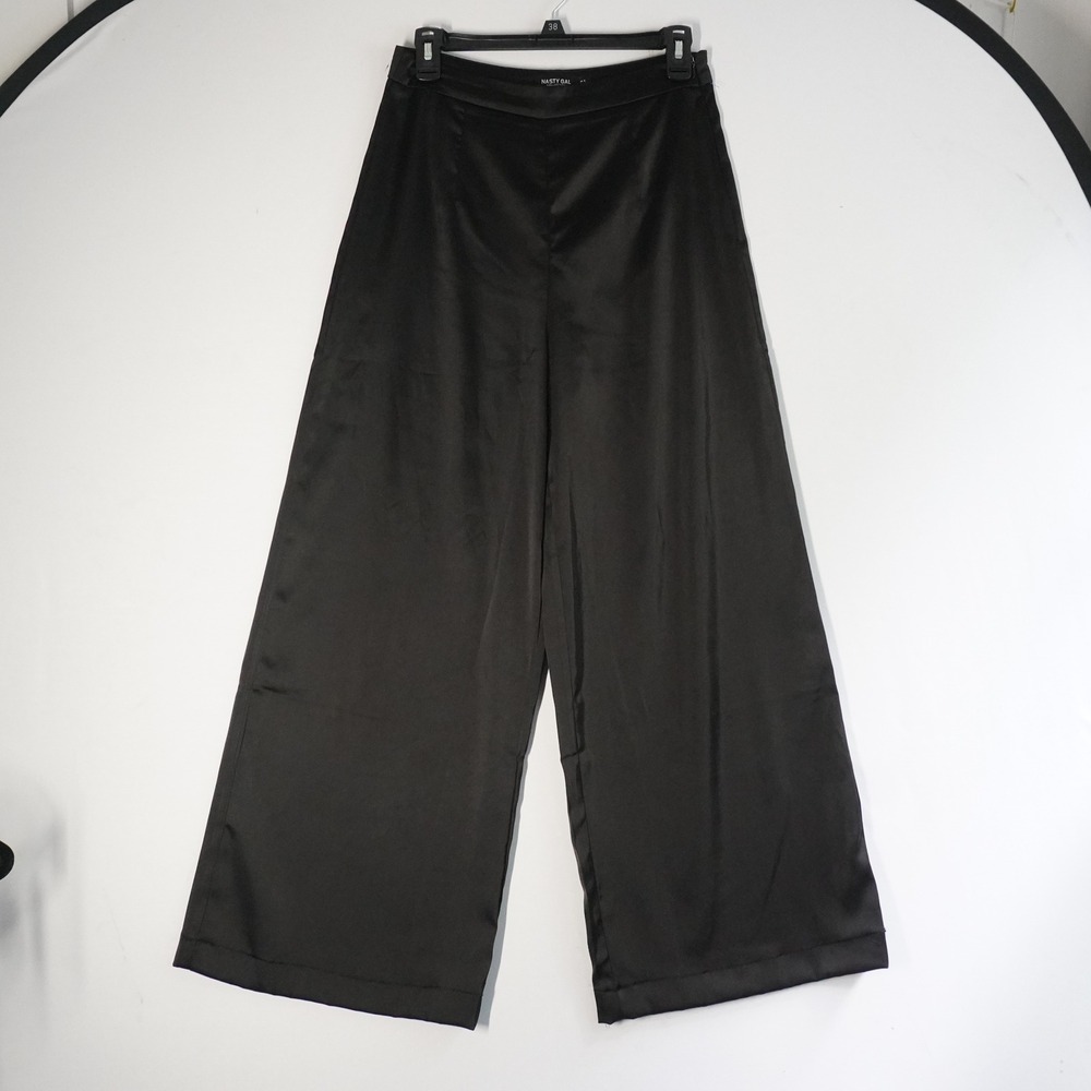 Nasty Gal Black‎ Satin Wide Leg Career Pants US 4 Going Out High Waist Trousers
